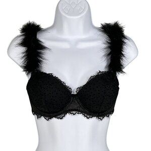 Victorias Secret NWT Demi Bra 32D Black Faux Fur & Solid Straps Sexy Coquette